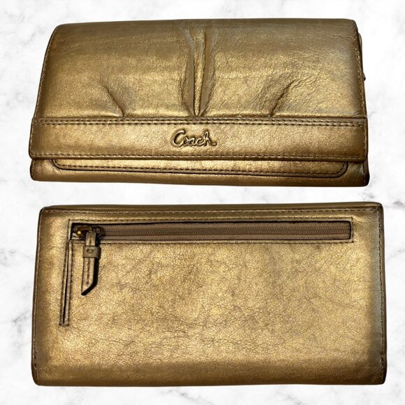 COACH Metallic Gold Leather Wallet | Snap Closure Billfold with Card Slots - Picture 1 of 10